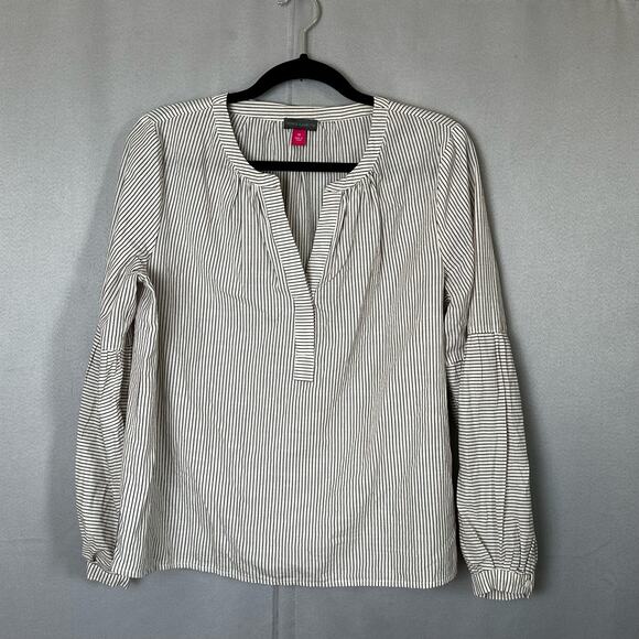 Womens Vince Camuto V Neck Pullover Long Sleeve Blouse Tan Stripe Cotton Size M - Picture 1 of 7